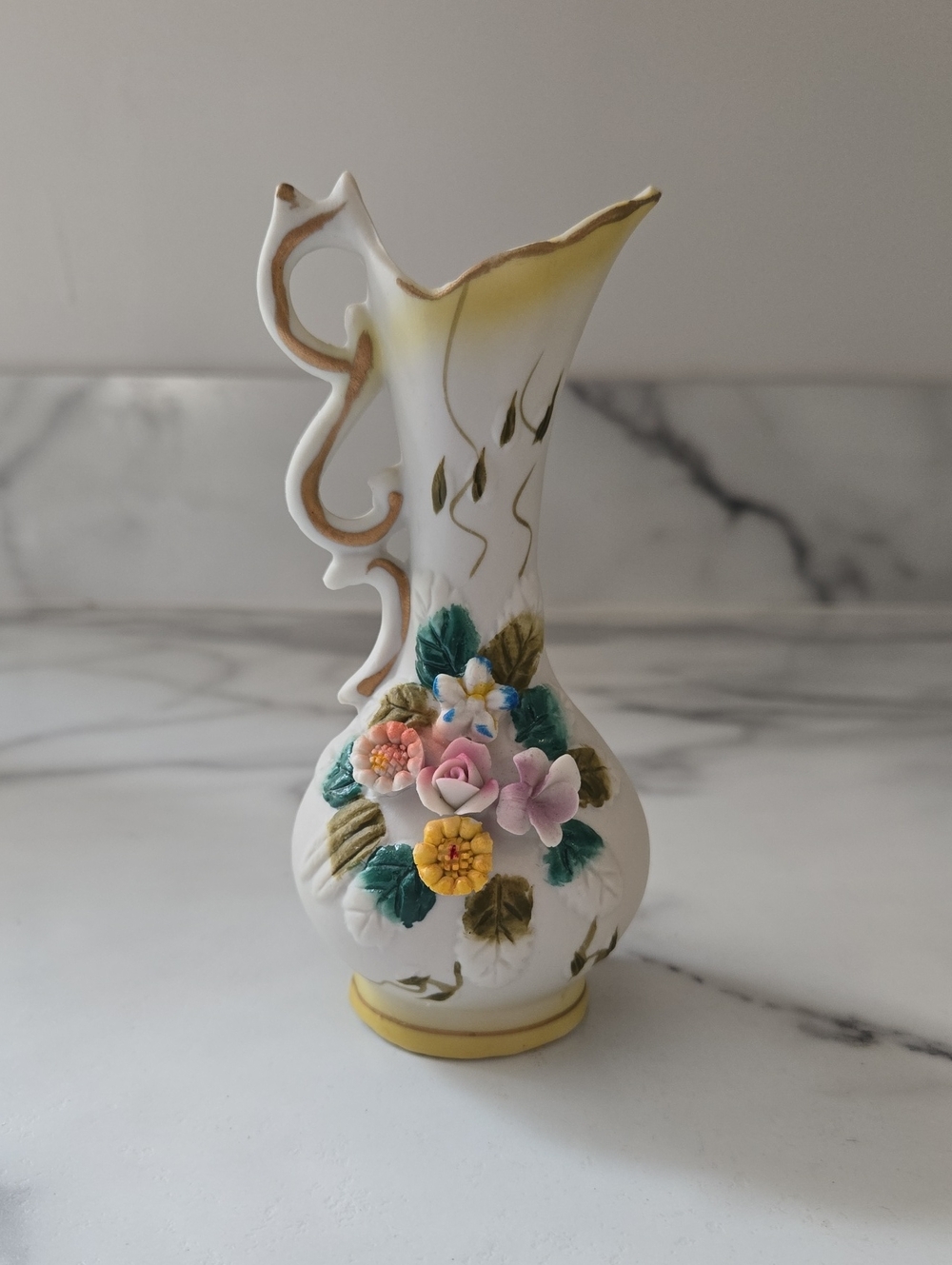 Vintage Lego White Vase with Yellow Trim and Multicolor Floral Accents
